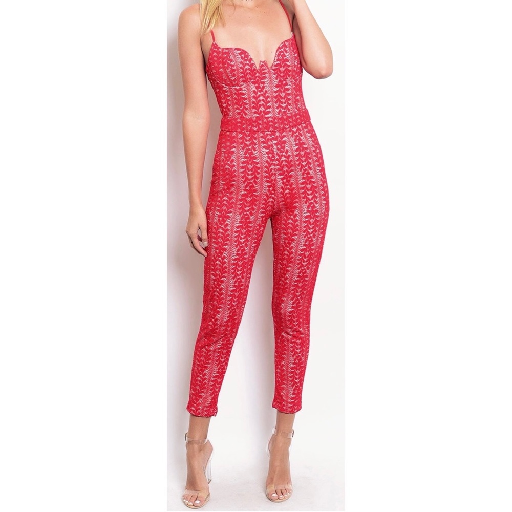 Fitted Red Lace Jumpsuit with Sweetheart Neckline